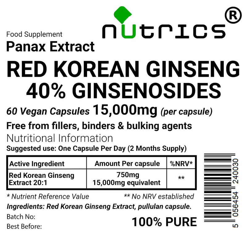 15,000mg (per Capsule) 40% Ginsenosides RED Korean Ginseng Extract 60 V Capsules - Strong One A Day - Free from fillers, Binders & Bulking Agents PANAX 60 V Capsules (2 months supply)