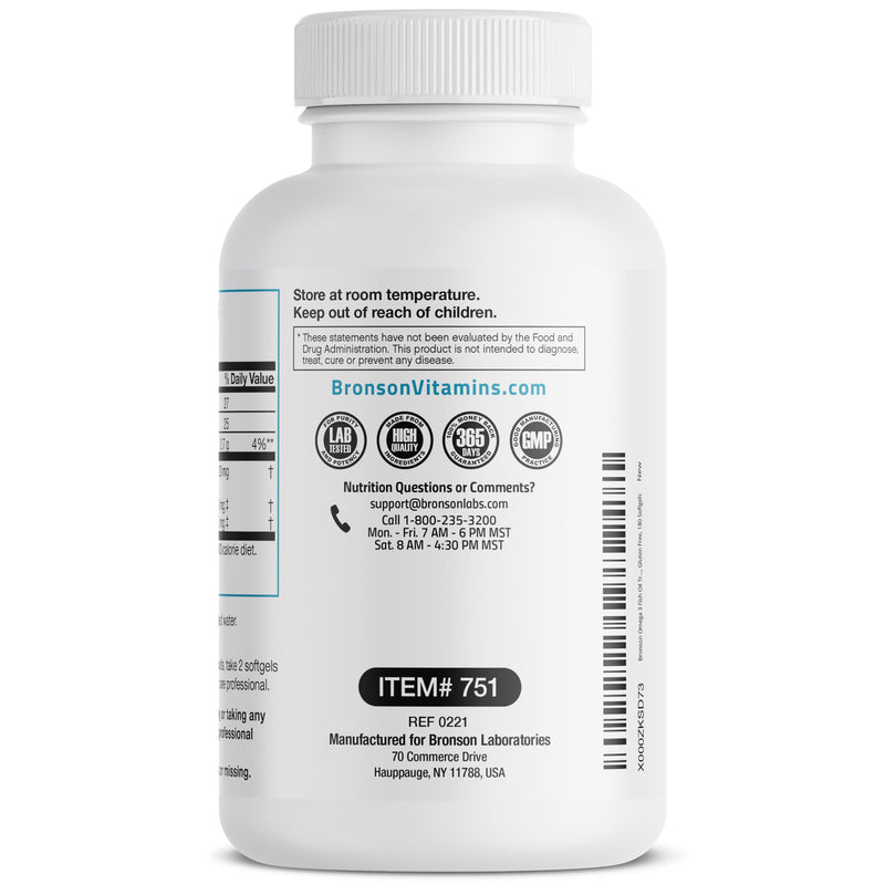 [Australia] - Bronson Omega 3 Fish Oil Triple Strength 2720 mg, High EPA 1250 mg DHA 488 mg, Non-GMO Heavy Metal Tested, 180 Softgels 180 Count (Pack of 1) 