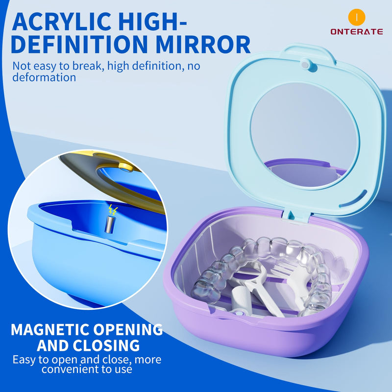 [Australia] - Magnetic Retainer Box with Mirror, Compact Denture Case with Vent Holes & Retainer Remover Tool & Chewies & Brush, Protable Aligner Cleaner Case for Night Mouth Guards, Braces (Pink Green) 