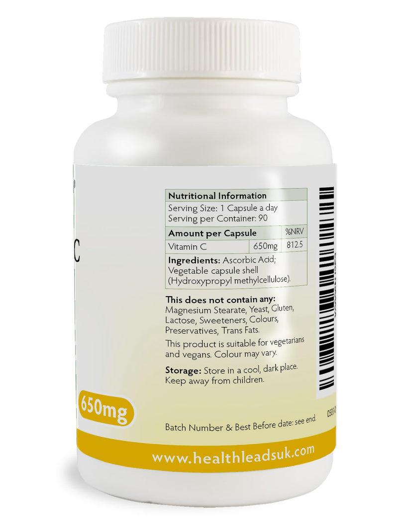 Pure Vitamin C 650mg Capsules, Ascorbic Acid, Unbuffered & Non-GMO, Suitable or Vegetarians & Vegans, Magnesium Stearate Free & No Nasty Additives, Formulated & Made in Wales… (90 Capsules) 90 count (Pack of 1)