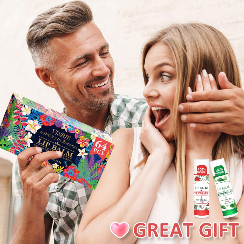 VISRIE 64 Pack Lip Balm Bulk, Natural, 16 Flavors | Infused with Vitamin E and Coconut Oil, Moisturizing Lip Balm for Dry Cracked Lips C-64P