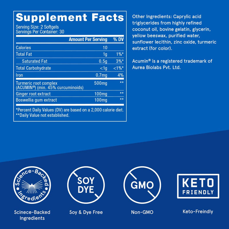 [Australia] - Bulletproof Turmeric Curcumin Complex Inflammation Response Softgels, 60 Count, Keto Supplement for Joint and Inflammation Support, Antioxidant Support, Packaging May Vary 