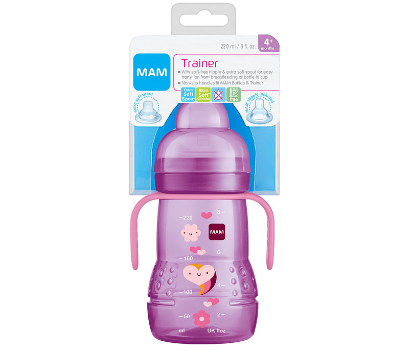 MAM Plastic Trainer Cup (1 Count), 8 oz. Trainer Drinking Cup with Extra-Soft Spout, Spill-Free Nipple, and Non-Slip Handles, for Girls 4+ Months, Designs May Vary Pink 1 Count (Pack of 1)