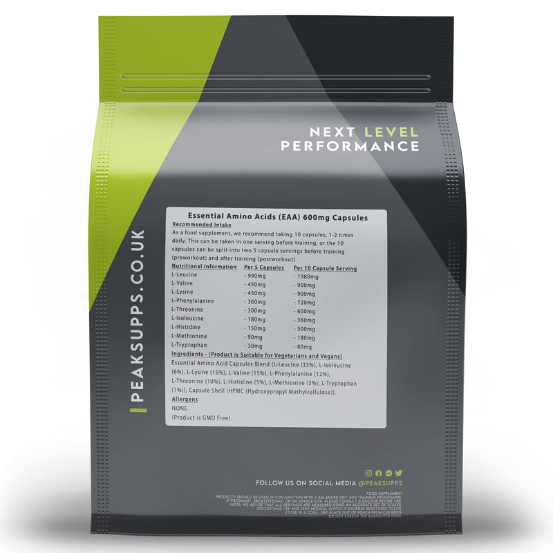 Essential Amino Acids 600mg Capsules | EAA | Vegan (1000, 500 Pack x2) 500 count (Pack of 2)