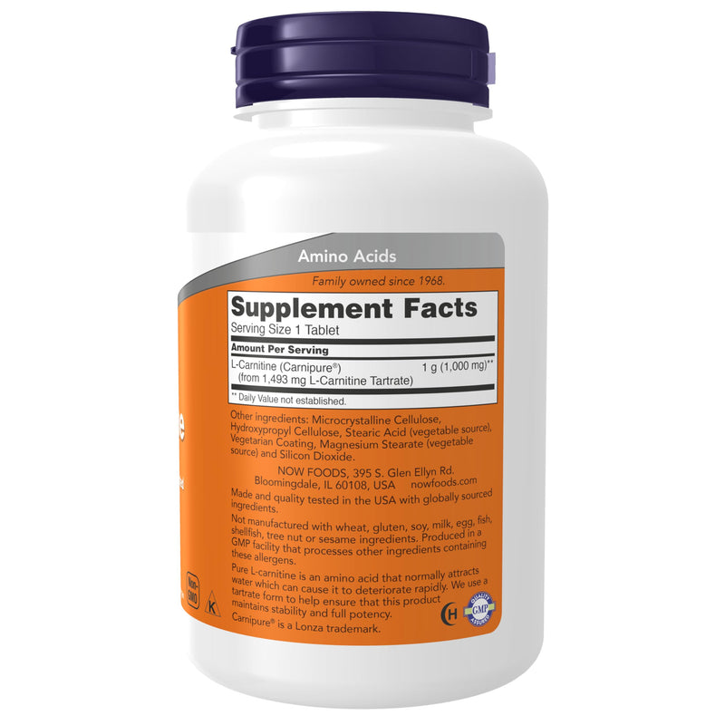 NOW Foods Supplements, L-Carnitine 1,000 mg, Purest Form, Amino Acid, Fitness Support*, 100 Tablets 100 Count (Pack of 1)