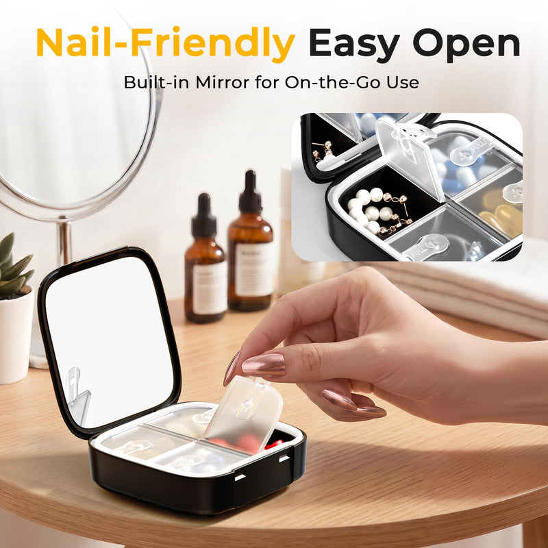 Daviky Compact Pill Organizer with Built-in Mirror, Purse Travel Pill Box | Easy Open, Compact Design, Purse-Friendly, Portable Travel, One-Hand Operation, Daily Vitamins & Supplements Black