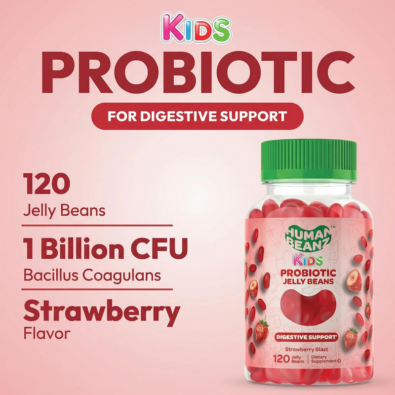 Human Beanz Probiotic Jelly Bean Gummies, Kids, 120 Strawberry Blast | Digestive Health, Nutritional Vegetarian Supplement, Kosher, Strawberry Blast Jelly Beans, Simple Daily Use, Great Value 1 Count (Pack of 120)