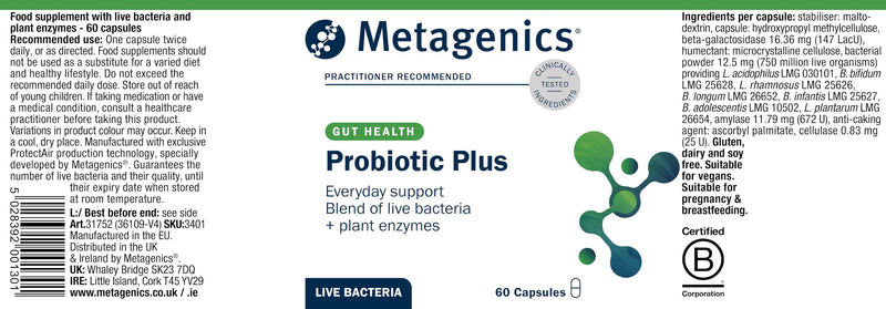 Metagenics - Probiotic Plus - with Live Bacteria - Blend of 7 Bacterial Strains & Plant Enzymes for Digestive Health - 60 Capsules