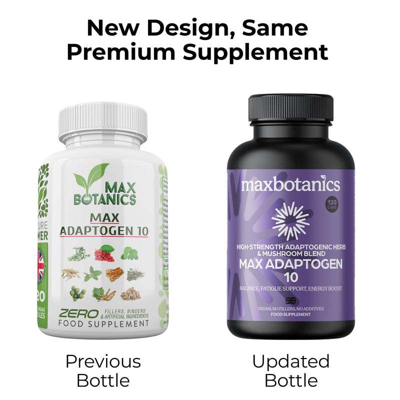 Max Adaptogen 10 Balance, Fatigue, Energy Boost & Stress Support 10-Herb Adaptogen High Strength Mushroom Blend with Ashwagandha, Rhodiola & Ginseng Natural Vegan UK Made (120 Capsules) 120 count (Pack of 1)