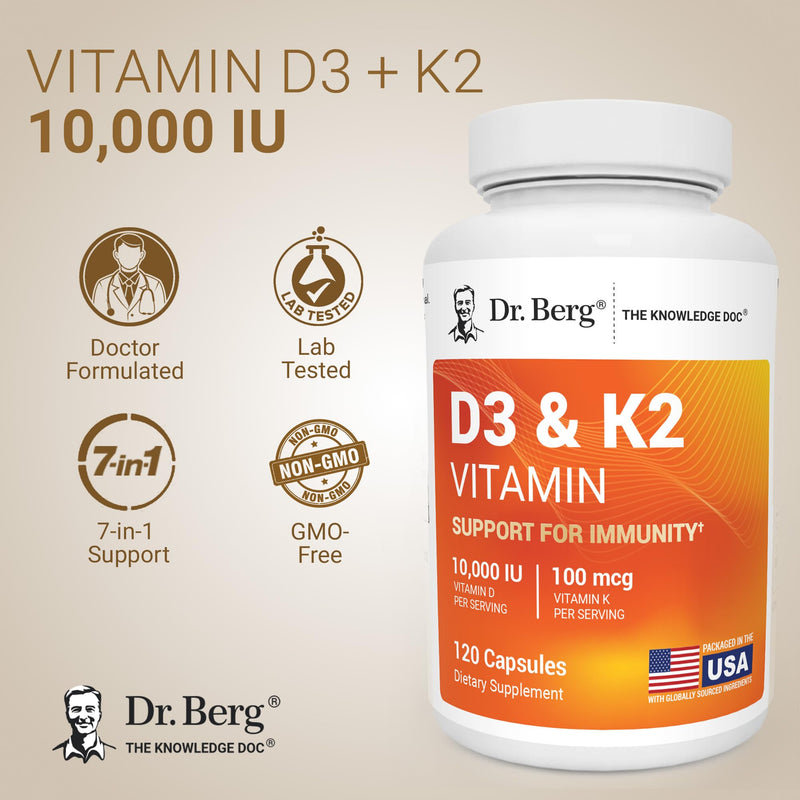 Dr. Berg Maximum Strength 7-in-1 Vitamin D3 K2 10,000 IU | Naturally Derived D3 | 4X Lab-Tested & Verified | High Absorption Formula | K2 D3 Vitamin Supplement | 120 Capsules 120 Count (Pack of 1)