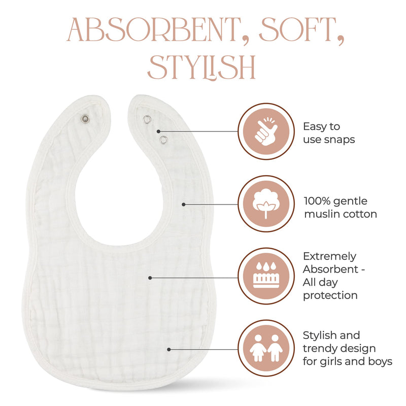 [Australia] - Comfy Cubs Muslin Baby Bibs, Drool Bibs, Adjustable with Easy Snaps, Teething & Drooling, Absorbent Bibs for Boys & Girls White - Pack of 8 
