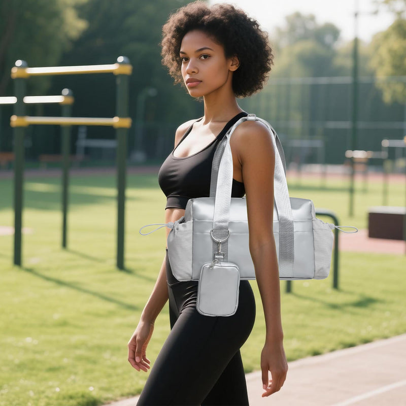 Everyday Mini Gym Bag for Women 2.0, Small Tote with Zipper Compartment Waterproof Travel Duffle Cute Handbag Workout Carry On with Removeable Shoulder Strap & Coin Wallet Easy to Clean-Silver Silver