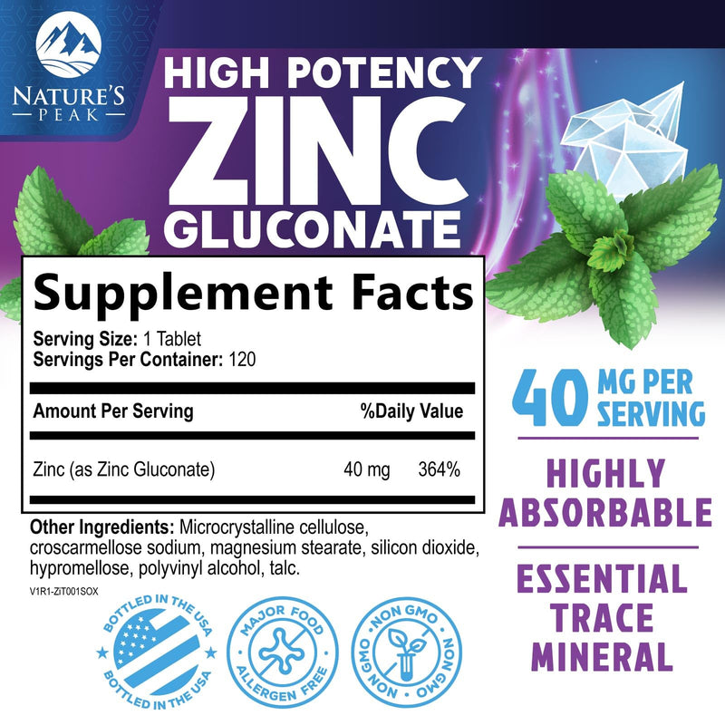 Zinc Supplements 40mg - 40mg of Zinc is the NIH's Safe Upper Daily Limit for Women & Men - Best Zink Supplement for Immune Support, Antioxidant, Skin Health, Gluten Free, Bottled in USA - 120 Caplets 120 Count (Pack of 1)