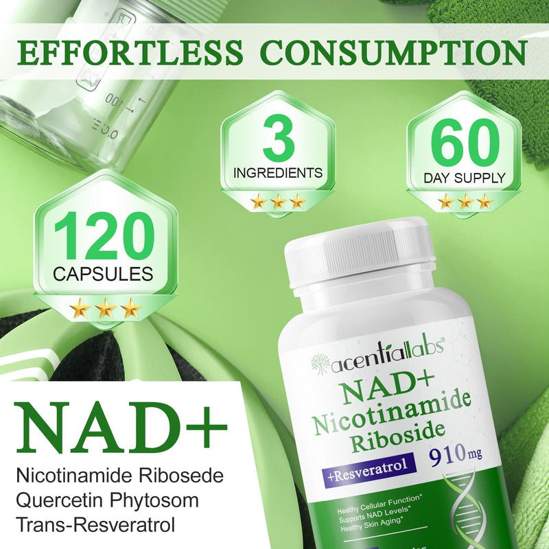 NAD+ 910mg Supplement with Nicotinamide Riboside & Resveratrol -Plant-Based Capsules (120 Count) for Youthful Vitality,Cellular Energy Support & Healthy Aging