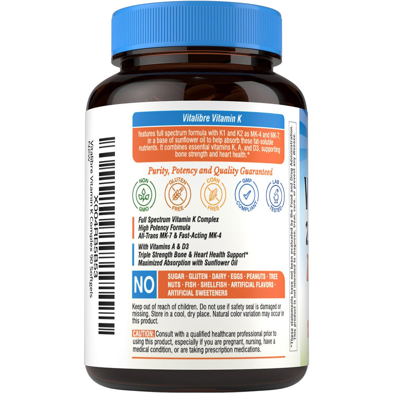 Vitalibre Vitamin K Complex 2600 mcg with Vitamin A & D3 5000 IU | Bioavailable K2 D3 Vitamin Supplement, Full Spectrum, for Bone Strength and Heart Health, 90 Softgels