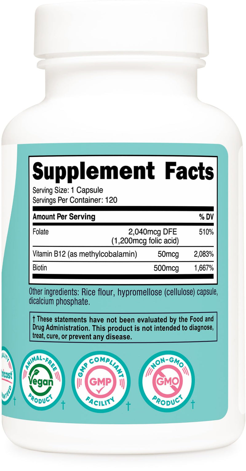 Nutricost Folic Acid for Women (Vitamin B9) 1200 mcg, 120 Capsules | With B12 and Biotin, Veggie Caps, Gluten-Free, GMO-Free