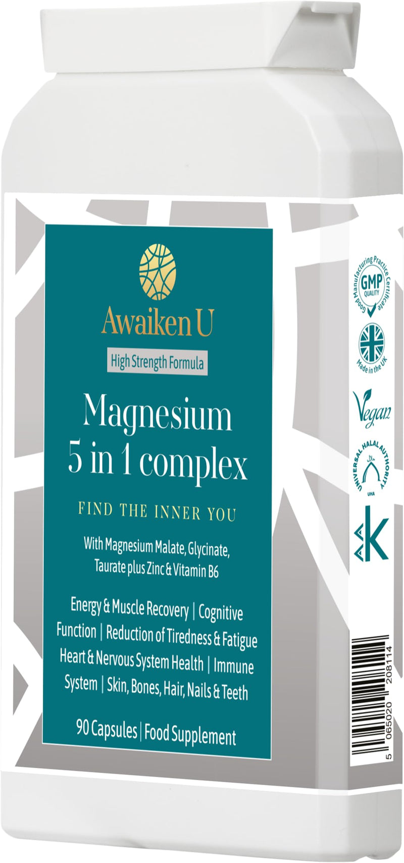Magnesium Glycinate 5 in1 Complex -Magnesium Glycinate, Malate and Magnesium Taurate Plus Vitamin B6 & Zinc-High Strength, High Absorption, Easy to swallow-90 Vegan caps -UK Made