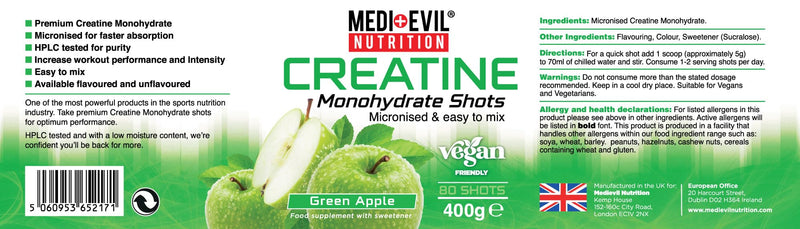 Medi-Evil Nutrition Creatine Monohydrate Powder 400g, Green Apple Flavour, Micronised for Easy Mixing, Improves Strength and Physical Performance