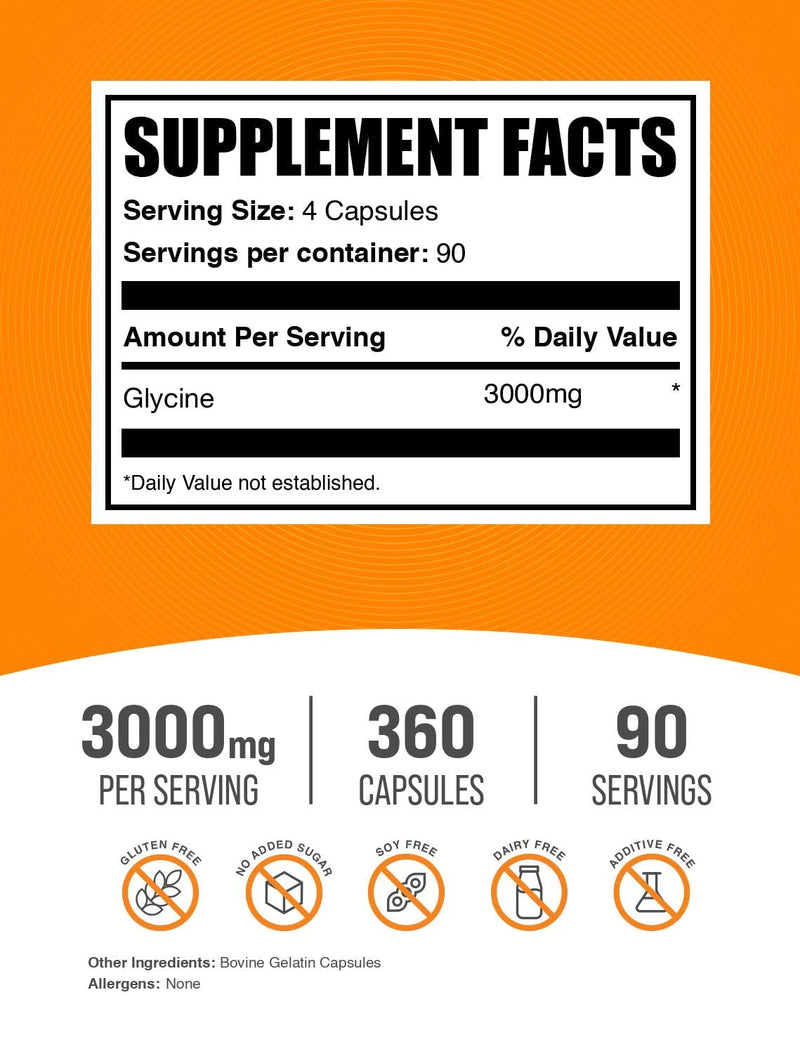 [Australia] - BulkSupplements.com Glycine Capsules - Glycine Supplements, Amino Acid Supplement - Gluten Free, 4 Capsules per Serving, 360 Count (Pack of 1) 