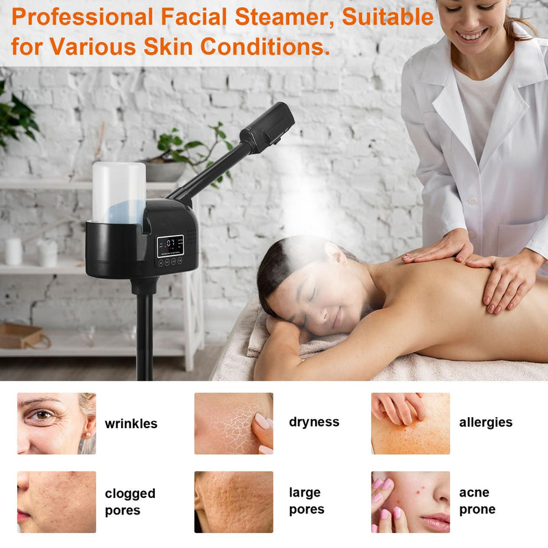 Professional Facial Steamer, Black Facial Steamer Upgrade PTC Heating, Esthetician Steamer Hot Mist Face Steamer for Salon Spa Beauty PTC118B