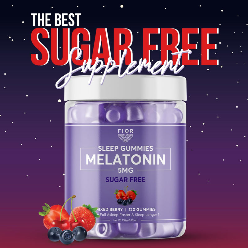 FIOR Sugar Free 120-Count Sleep Aid & Calm Gummies, Melatonin Gummies Sleep Aids for Adults & Kids. Gummy Vitamins for Sleep. Adults & Kids Melatonin & L-Theanine Gummies Natural Herbal Sleep Aid. Sugar Free Mixed Berry 1 Count (Pack of 120)