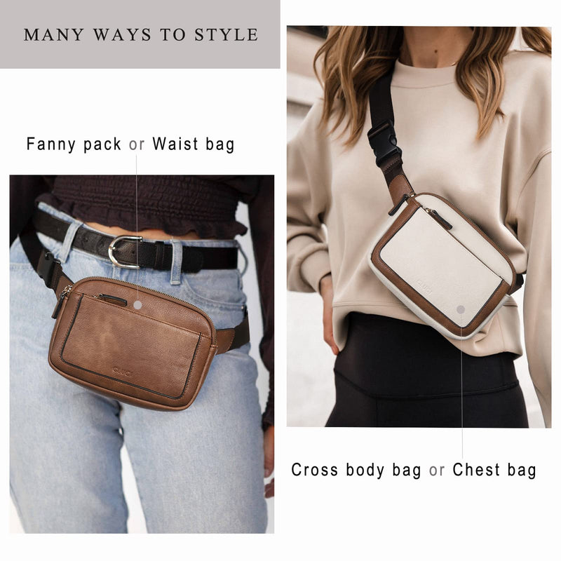 CLUCI Fanny Packs for Women Cross body, Belt Bag for Women, Mini Everywhere Crossbody Waist Bag Adjustable Strap, Vegan Leather Women's Fanny Pack A-0 Off white with brown