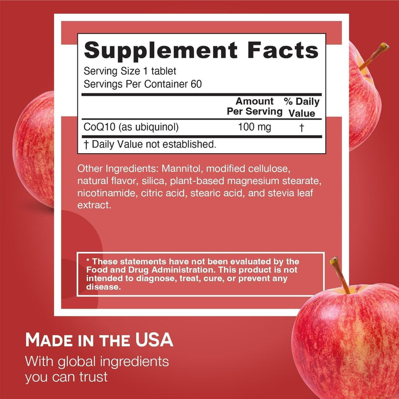 EZ Melts Ubiquinol 100 mg - CoQ10 Supplement for Heart Health & Energy Support - Antioxidant Protection - No Artificial Flavors - Non-GMO & Vegan - Apple - 120 Dissolvable Tablets (120 Servings) 60 Count (Pack of 2)