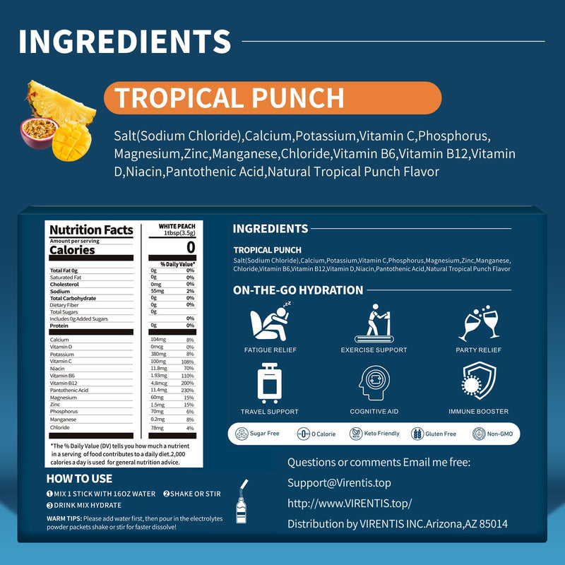 16 Sticks Electrolytes Powder Packets Sugar Free Hydration Packets Liquid Daily IV Electrolyte Drink Mix for Rehydration with 8 Electrolytes & 6 Vitamins, Low Sodium, Tropical Punch 2 Ounce (Pack of 1)