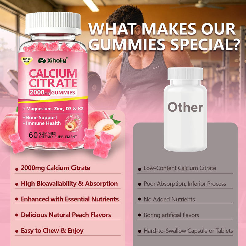 Calcium Citrate Gummies 2000 mg - Calcium Supplement for Women & Men,2 Pack | Plus Vitamin D3, K2, Magnesium, Zinc - High Absorption Supports Bone, Teeth & Immunity - Peach Flavor, Sugar-Free, Vegan 60 Count (Pack of 2)