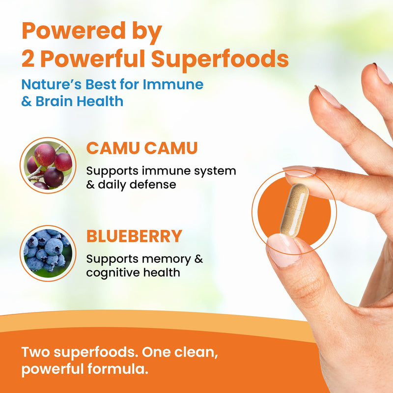 Camu Camu Vitamin C Supplements with Blueberry Extract - Whole Food VIT C & Bioflavonoids for Immune Support, Everyday Wellness & Skin Health - 120 Vegetarian Capsules