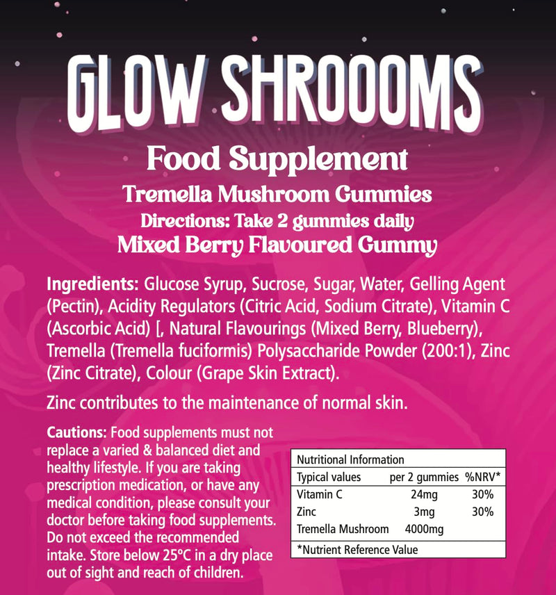Glowshroooms Mushroom Gummies with Tremella, Vitamin C & Zinc for Skin Glow, Hydration & Collagen Support, Vegan, Gluten Free, Natural Berry Flavour, 60 Gummies, 1 Month Supply Mixed Berry 1 count (Pack of 60)