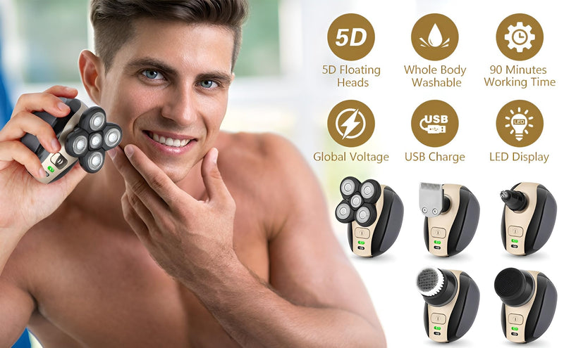 [Australia] - Five in one Razor USB Charging Cable, Instruction Manual, Cleaning Brush, Silicone Head, Barber Head, face wash Head, Nose Hair Device, Shaver 5 Knife Head, Limit Comb 