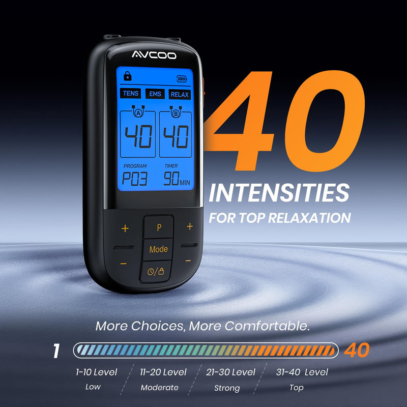 [Australia] - 3-in-1 TENS Unit with 32 Modes, Dual Channel EMS Muscle Stimulator with 40 Intensities for Gradual Pain Relief Therapy, Rechargeable Electronic Pulse Massager with 12 Electrode Pads, EVA Case 