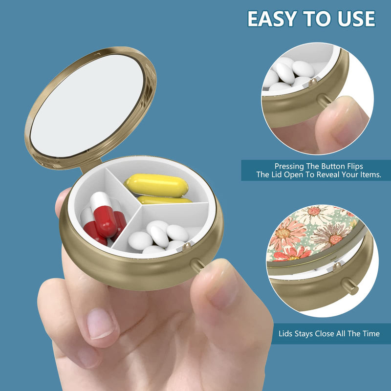 Pill Organizer Pill Box with Mirror Retro Small Pill Case for Purse or Pocket Bronze Pill Box or Vitamins, Fish Oil, Supplements, Pill Containe Travel Gifts（4PCS-Marble-White-Bule） 4 pieces Marble-white-blue
