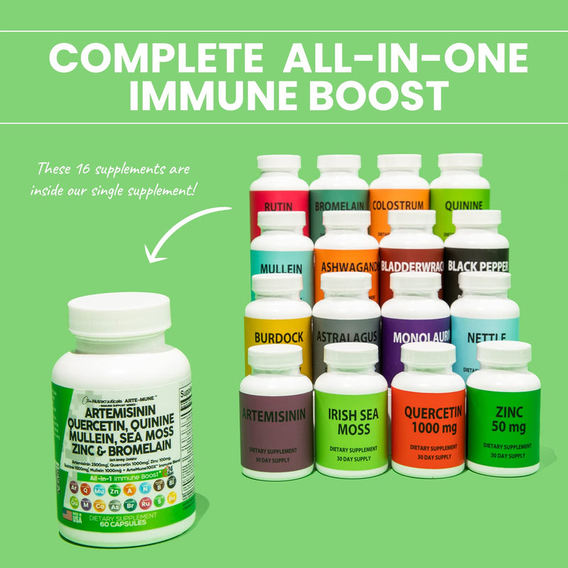 [Australia] - Clean Nutraceuticals Artemisinin 2500mg Quercetin 1000mg Zinc 100mg Mullein Quinine Supplement with Sea Moss Bromelain Ashwagandha Root Nettle Leaf Bladderwrack Burdock Root Monolaurin Colostrum Rutin 