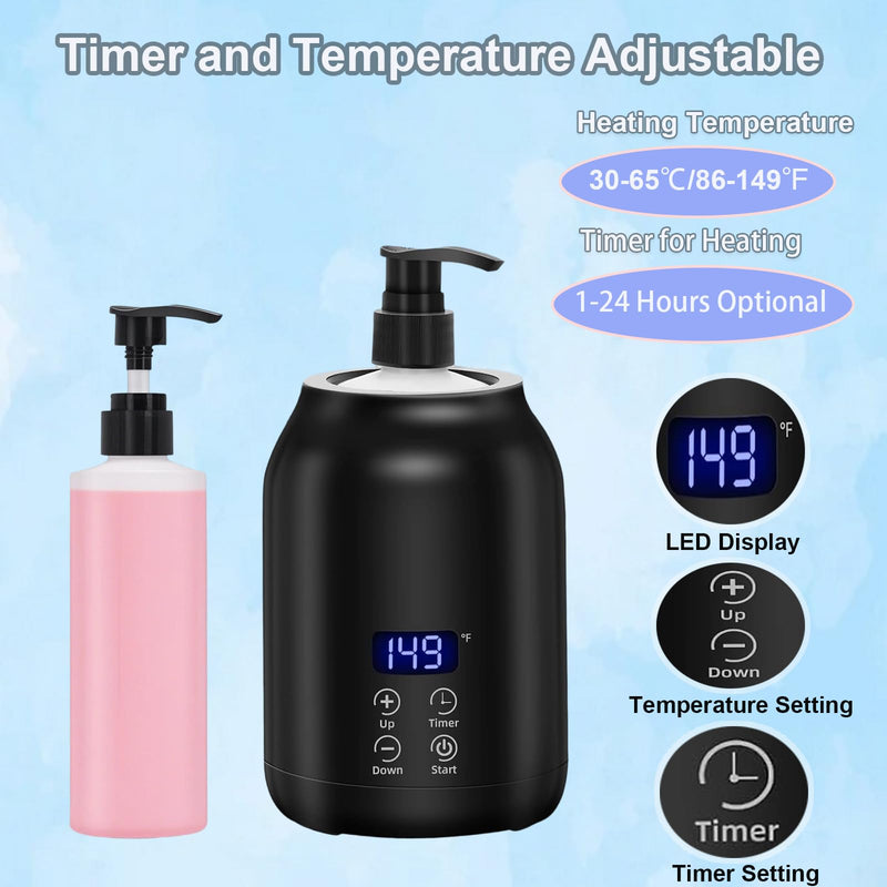 [Australia] - Massage Oil Warmer with Two Oil Bottles, Electric Massage Cream Lotion Heater Bottle Dispenser Pump Funnel with Adjustable Heating Temperature and Timer for Home Salon Barber Shops (Black) Black 