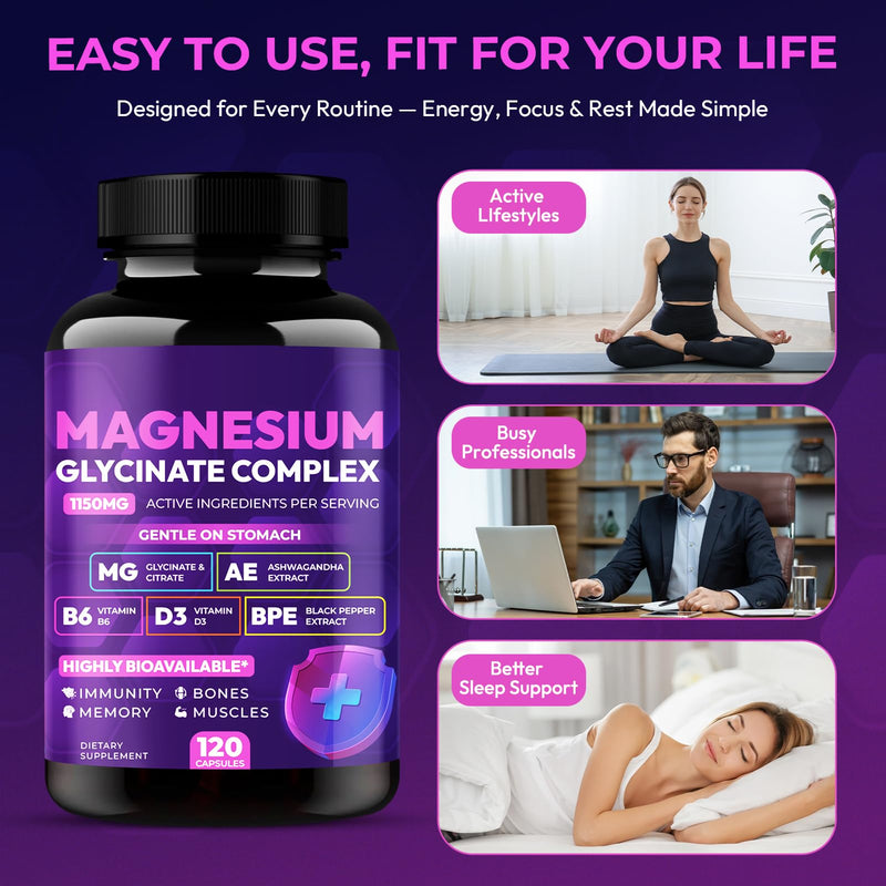 Magnesium Glycinate Complex 1150mg - Gentle on Stomach High Absorption Magnesium Capsules with Citrate, Silica, Ashwagandha & Vitamin B6 for Zzz, Stress Relief, Muscle Support for Adults, Women & Men