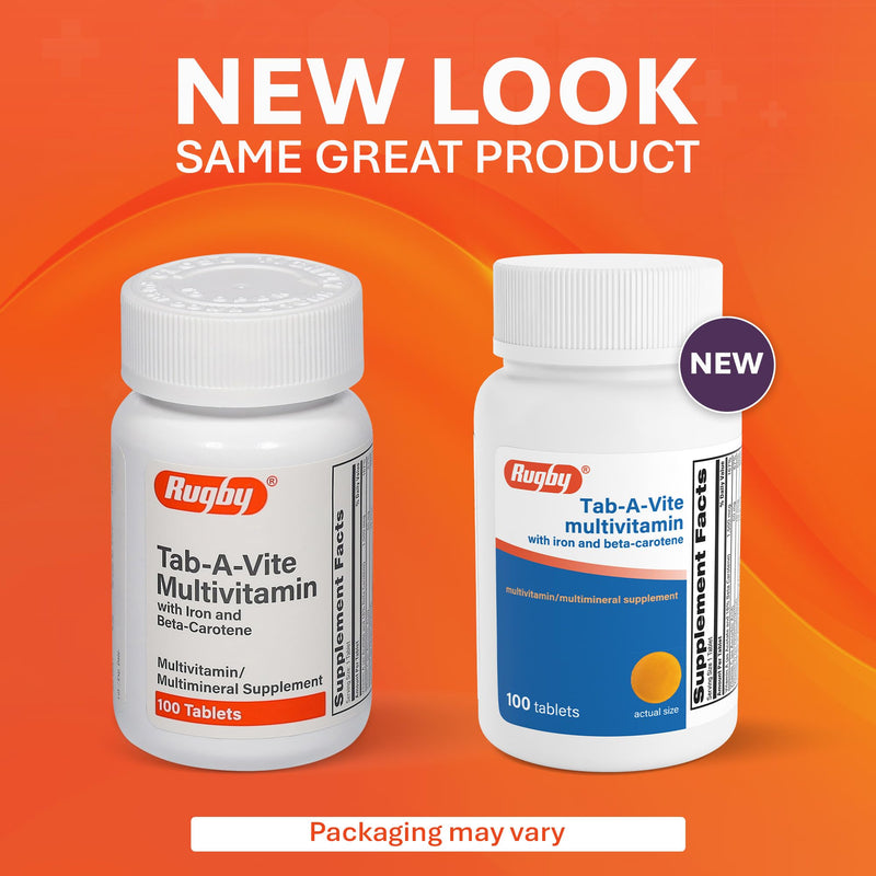 Rugby Tab-A-Vite Multivitamin with Iron and Beta-Carotene, 100 Tablets | Daily Multivitamin, Bone Health, Energy, and Immunity Support for Adults, Multimineral Supplement