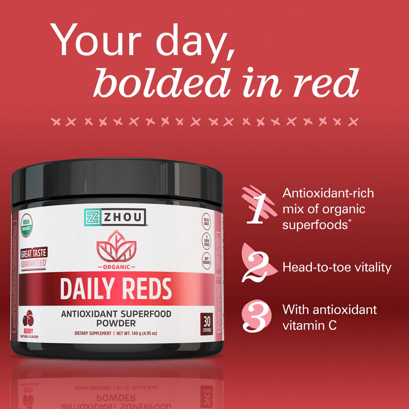 Zhou Organic Reds Powder - Natural Berry Flavor, 4.95 oz (30 Servings) | Red Powder Superfood with Beetroot, Super Fruits, Goji Berry, & Tart Cherry, Antioxidant Support for Whole-Body Health