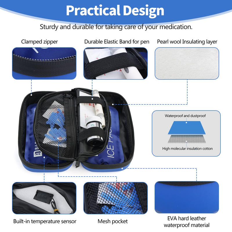 [Australia] - 24h Insulin Cooler Travel Case TSA Approved Refrigerated Medicine Cooler for Travel w/Thermometer Temperature Display Diabetic Travel Case Bag w/2 Reusable Ice Packs for Daily Life Trip Blue 