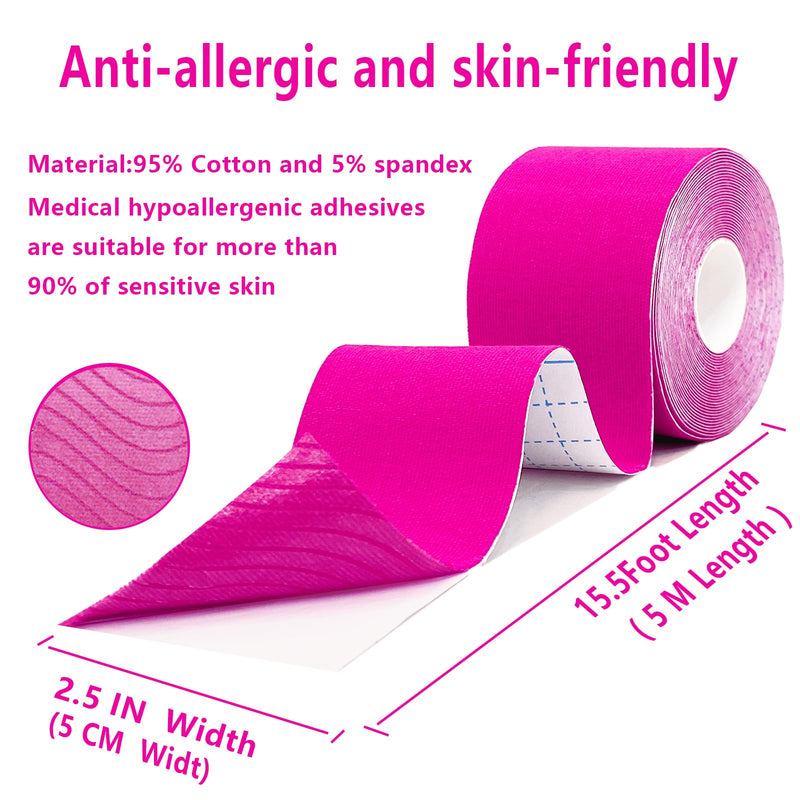 SOONGO Kinesiology Tape Sports Tape 5 Roll, Elastic Athletic Tape for Shoulder Ankle Elbow Wrist Knee Support, Waterproof Body Tape for Muscle Comfort (Pink) Pink Pack of 5