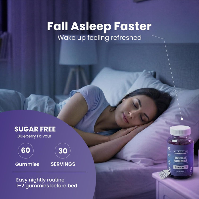 Vitammies Magnesium Glycinate Snooze Gummies - Magnesium Vegan Sleep Gummies with Lemon Balm & Chamomile - Magnesium Supplements Sugar Free Chewables - Blackcurrant Raspberry - 60 Count