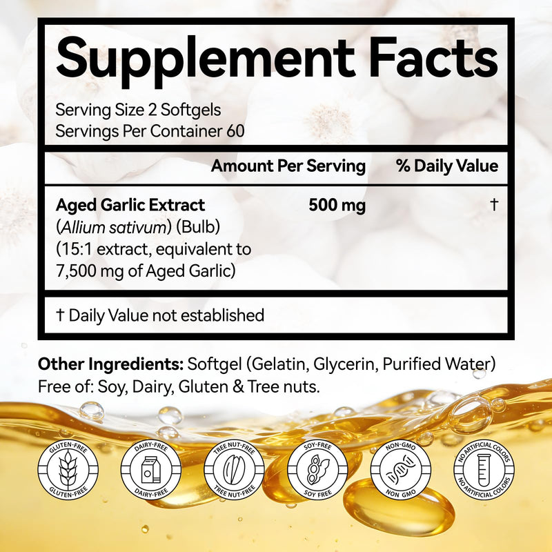 Aged Garlic Extract | 120 Softgels | 24 Months Aged Garlic Capsules | Aged Garlic Extract 7,500mg Odorless| Non-GMO, Gluten-Free | for Men and Women
