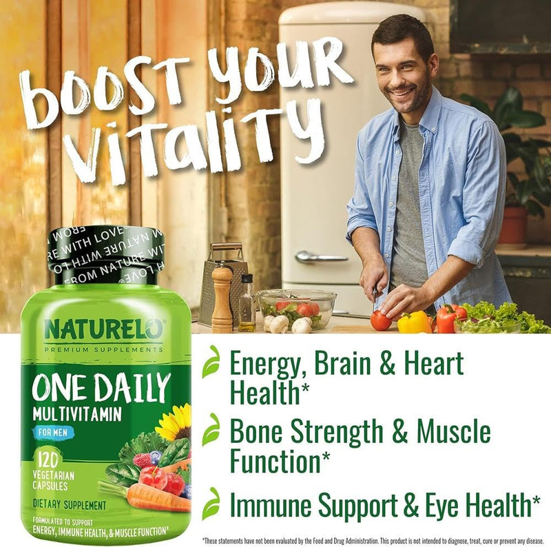 NATURELO Men’s Multivitamin Easy One a Day | 120 Vegan Capsules (4 Month Supply) | 29 Essential Vitamins, Minerals & Fruit & Veg Extracts, for Men’s Health, Energy and Performance 120 count (Pack of 1)