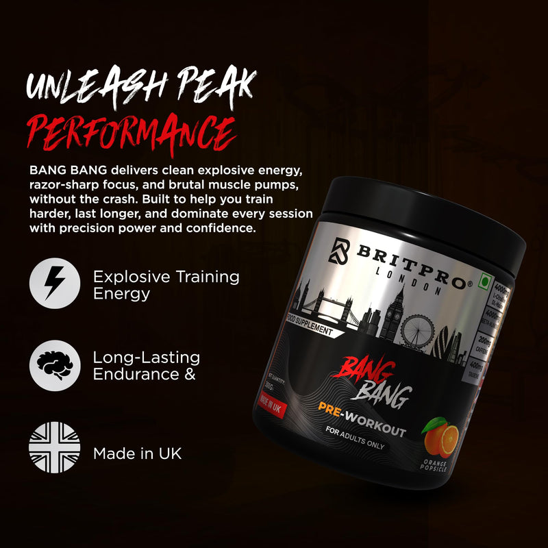 Bang Bang Pre-Workout, 300g - Orange Popsicle Flavour - High-Intensity Pre Workout, Focus & Endurance, Muscle Pump - Clean Energy, No Crash - Made in the UK