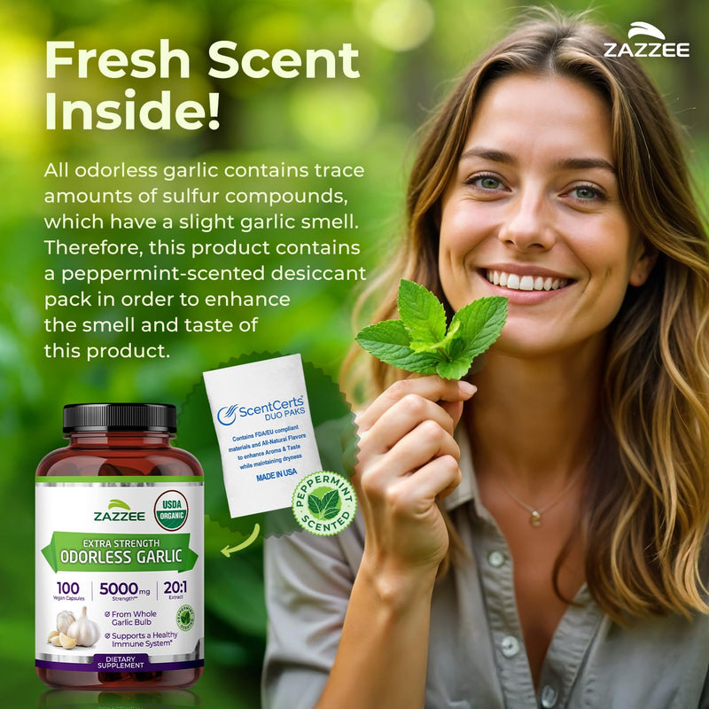 [Australia] - Zazzee USDA Organic Odorless Garlic 20:1 Extract, 5000 mg Strength, 100 Vegan Capsules, 3+ Month Supply, Standardized, Concentrated 20X Extract, 100% Vegetarian, All-Natural, Non-GMO, Made in The USA 