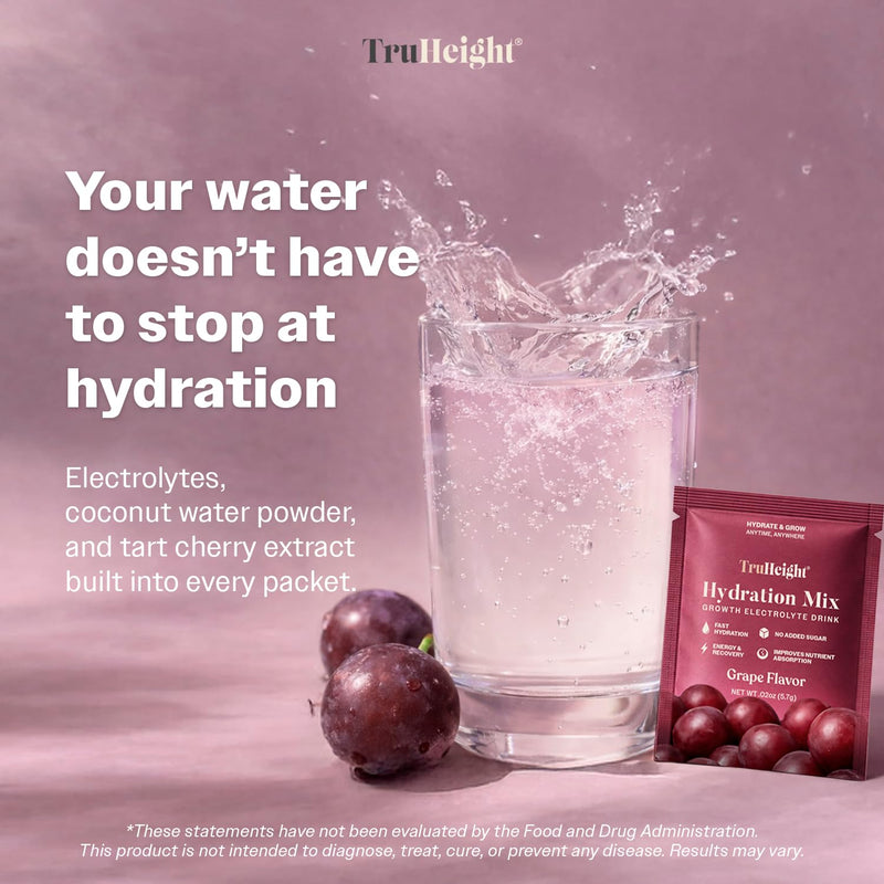 TruHeight Hydration Packets (Grape) Kids, Teens & Adults Fast Hydration, Energy & Recovery - Dehydration Relief Electrolytes Powder Packets for Athletes - Sugar Free, Zero Calorie, Non-GMO, Vegan