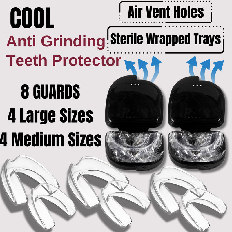 Cool Mouth Guard for Grinding Teeth at Night, 8 Pcs Bite Guard for Teeth Clenching Nighttime, 2 Sizes, BPA Free, 2 Retainer Cases Included