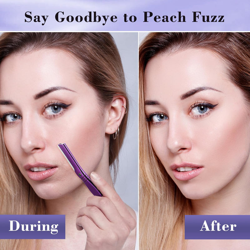 [Australia] - Eyebrow Razor for Women and Men, Face Razors for Women, Dermaplane Razor with Protective Silicone Cover, Reusable Metal Handle with 6 Refill Blades, Skin Care Tool - Purple 