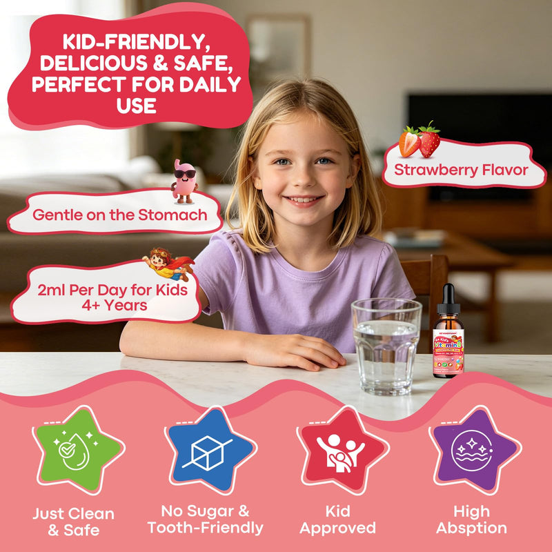 Vitamin B Complex for Kids with B1, B6, B9, B12 & Magnesium, Super Greens, Kids B Complex Supplement for Brain Support, Energy & Focus, Digestive Gut & Immune Support, Strawberry Flavor, 2 fl oz